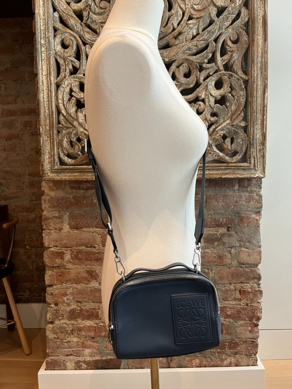 Authentic Loewe Blue Leather Camera Crossbody Bag with Logo Strap